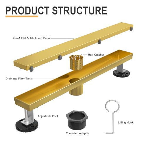 Linear Shower Drain - 18 Inch Brushed Gold, with Tile Insert Panels | AISI 304 Stainless Steel Shower Drain with Adjustable Feet, Hair Catcher, Rectangle Shower Floor Drain Fits Bathroom, Balcony - color: Brushed Gold, size: 18 Inch