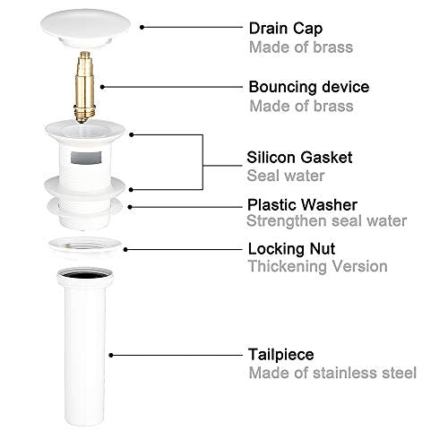 Faucet Sink Drain Stopper Vessel Vanity Pop Up Drain with Overflow | Solid Brass White Color Sink Drains Bath Assembly Fits 1.57 to 2.36 Inch Sink Openings with 1-1/4 Inch Large Cap And Basket - size: With Overflow