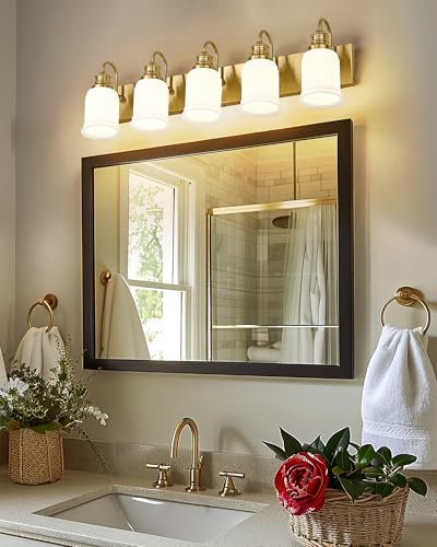 HWH INVESTMENT 5-Light Bathroom Vanity Light, Brushed Gold, 5HZG106B-5W BG | 33-Inch Hardwired Wall Light with Frosted Bell-Shaped Glass; 5 E26 Bulbs, Max 60W Each; Reversible Up or Down Mount - color: Brushed Gold, size: 5-Light