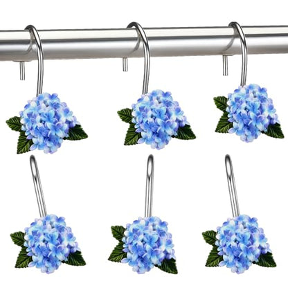 12 Pcs Hydrangea Decorative Shower Curtain Hooks Blue Flower Shower Curtain Rings Hanger Stainless Steel Resin Spring Floral Themed Hooks for Home Bathroom Decor - style: Hydrangea