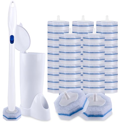 Disposable Toilet Brush and Holder Set with 50 Thickened Refills | Heavy-duty Design, Thick Cleaning Layer, Won't Fall Apart, Large Opening Storage Caddy, Long Handle, Home & Commercial Use