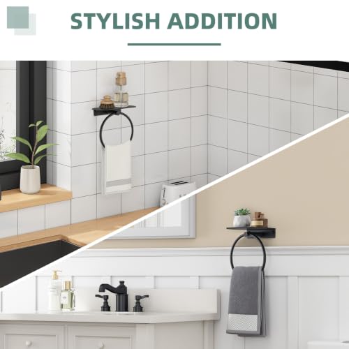Angle Simple Hand Towel Holder with Shelf, Swivel Towel Ring Matte Black | SUS304 Stainless Steel, Bathroom Kitchen Space Saver, Wall Mount - color: Matte Black
