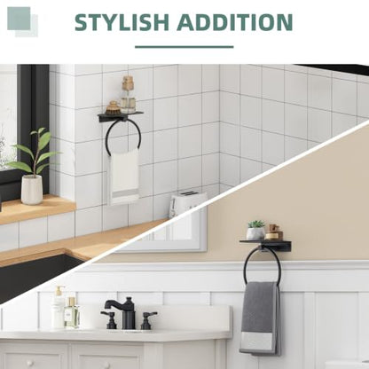 Angle Simple Hand Towel Holder with Shelf, Swivel Towel Ring Matte Black | SUS304 Stainless Steel, Bathroom Kitchen Space Saver, Wall Mount - color: Matte Black