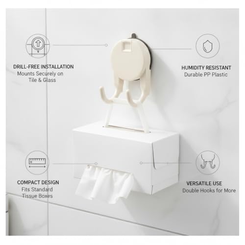 Suction Cup Tissue Box Holder with Double Hooks, Wall Mount Bathroom Dispenser for Tile, Glass & Mirror, No Drilling Required (Gray/White) - color: White