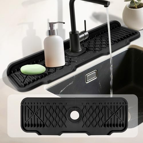 17 Inch Faucet Mat For Kitchen Sink Splash Guard Behind Faucet, ，5°Slope Fast Draining Silicone Mat , Dish Soap Sponge Holder for Bathroom Sink kitchen sink organizer (black, 17" x 6") - color: Black