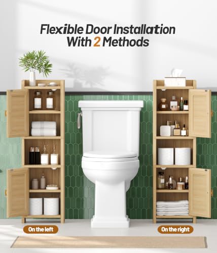 Akxomel 9.8''W Rattan Small Bathroom Storage Cabinet 2 Doors Oak | Small Bathroom Cabinet with Adjustable Shelf, Bathroom Organizer for Small Spaces, Wooden Corner Unit