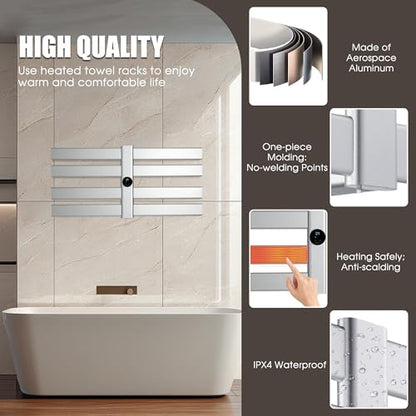 K&KALONZO Electric Towel Warmer Wall Mount Heated Rack Timer, 8-Bar,Silver | Fast Heat in 2 Min, 3 Heat Levels, Anti-Scald, NTC Safety, Plug-in/Hardwired Aluminum Towel Warmer for Bathroom - color: Silver, size: 8-Bar