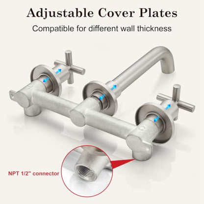 Midanya Wall Mount Bathroom Faucet 3 Hole 2 Cross Handle,Brushed Nickel | SUS304 Stainless Steel,Rough-in Valve Included,360° Swivel Spout,for Bathroom Sink,Vanity - color: Brushed Nickel