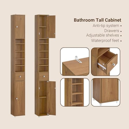 SoBuy Bathroom Narrow Storage Cabinet Skinny Tall Unit with Adjustable Shelves Slender Anti-Tipping Floor Standing Cupboard, Natural BZR34-PF | Slim Freestanding Cupboard Bathroom Storage Unit with Drawer, Compact Water-Resistant Design, Natural 20x20x180