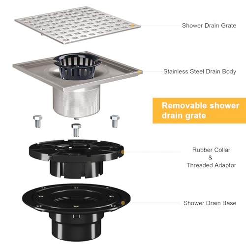 4 Inch Square Shower Drain, Brushed Nickel | ABS Flange & Hair Strainer, SUS 304 Stainless Steel, Removable Grid Cover, Anti-Clog - color: Brushed Nickel
