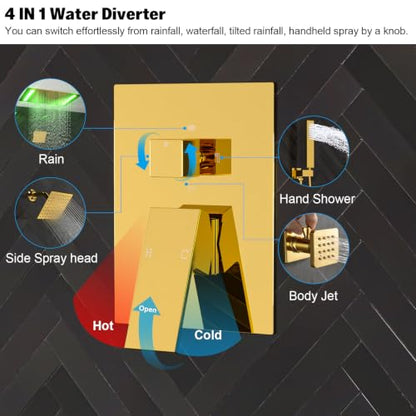 ENGA Bright Gold Dual Rain LED Shower System, 14"x20" Shower Head + 6" Wall Shower, 4 Body Jets with Individual On/Off & Adjustable Water Pressure, Rainfall Shower Faucet Set - color: Bright Gold, style: 14X20" Led Shower - Body Jets