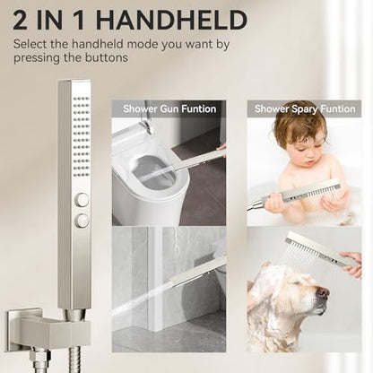 Shower Faucet Set Shower System Brushed Nickel, Push Button Diverter | 12 Inch Ceiling Mount Shower Head, 6 Inch Wall Mount Head, 2-in-1 Handheld Sprayer, Solid Brass Valve, Can Run All Together - color: Brushed Nickel, size: 8+12 inch-10