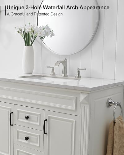 Brass Waterfall Bathroom Faucets, Brushed Nickel Bathroom Faucet 4-16 Inch, 2 Handle Widespread Bathroom Sink Faucet 3 Hole with Pop Up Drain and Supply Lines - color: Brushed Nickel
