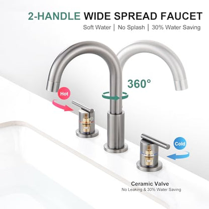 Faustina Gery Bathroom Faucet, 3 Hole, 8 Inch Widespread, 4 Inch Centerset, 2-Handle Stainless Steel - color: Gery, style: Modern Widespread