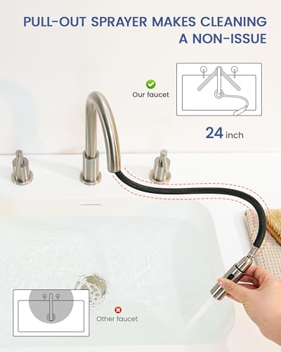 Widespread Bathroom Faucet 3 Hole, Bathroom Faucet with Pull Down Sprayer | Lead-Free, 8 Inch Bathroom Sink Faucet, Stainless Steel Vanity Faucet 3 Hole, Brushed Nickel Faucet for Bathroom Sink - color: Brushed Nickel, size: 8 Inch
