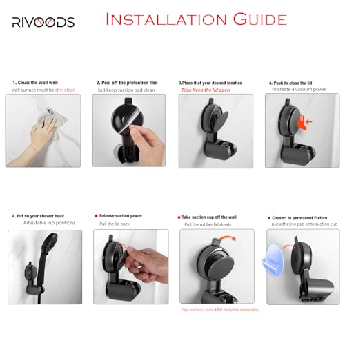 Suction Cup Hand held Shower Head Holder- Reusable - 5 Angles Adjustable - Bathroom Wall Mount Shower Wand Holder - Matte Black