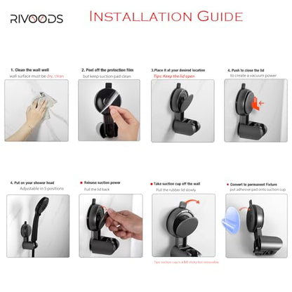 Suction Cup Hand held Shower Head Holder- Reusable - 5 Angles Adjustable - Bathroom Wall Mount Shower Wand Holder - Matte Black