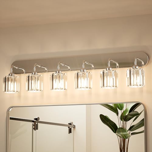 Keonjinn 6-Light Bathroom Light Fixtures, Crystal Chrome Bathroom Vanity Lights Over Mirror, Vanity Lighting Fixtures with Crystal Square Shades (E26 Socket, Exclude Bulb) - color: Chrome, size: 6-Light