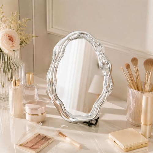Irregular Cloud Shaped Makeup Mirror, Silver Electroplated Wavy Freestanding Tabletop Vanity Mirror, Cute Decor Standing Mirror for Dorm Room Decor