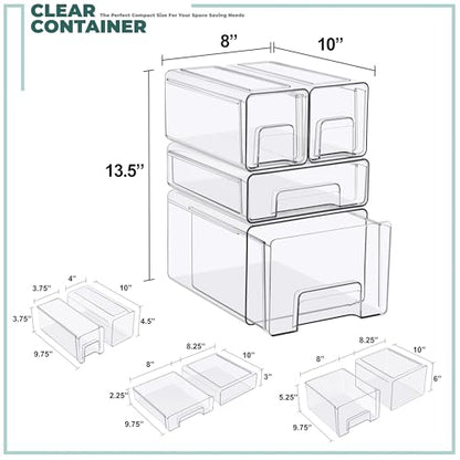 Sorbus Clear Stackable Storage Drawers, 4-Piece Set 1 Large, 1 Medium & 2 Small Pull-Out Plastic Organizer Bins with Handles for Bathroom, Closet, Pantry, Cabinet & Medicine Storage - size: Complete Set