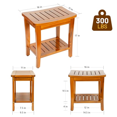 16" Compact Teak Shower Bench with Shelf, Premium Teak Shower Stool, Durable Waterproof Seat for Inside Shower, Solid Teak Wood Bench for Bathroom, Indoor & Outdoor Use - size: 16" W x 11" Dx 17" H
