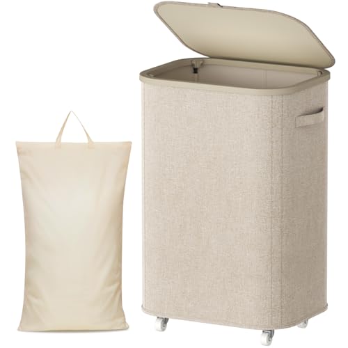 Lifewit 85L Plastic Laundry Basket with Lid, Large Clothes Hamper with Wheels and Removable Bag, Tall Collapsible Rolling Storage Bin for Dorm Bedroom Bathroom, Beige - color: Beige, size: 85L