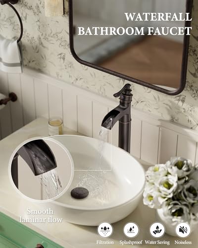 Waterfall Vessel Sink Faucet Brass Single Handle 1 Hole | Bathroom Sink Faucet with Pop Up Drain Without Overflow Oil Rubbed Bronze Tall Bathroom Faucets Homevacious - color: Oil Rubbed Bronze