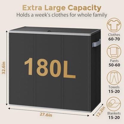 Optish 180L Laundry Hamper 3 Section, Large Laundry Hamper with Lid, Dirty Clothes Hampers with 3 Inner Bags, Laundry Basket Organizer for Laundry, Bedroom, Bathroom, Hamper 3 Compartment, Black - color: Black