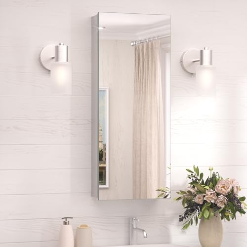 TokeShimi 15 x 36 Farmhouse Medicine Cabinet Recessed or Surface Mount Aluminum, Mirror with Stepless Adjustable Storage, Silver Bathroom Mirror Medicine Cabinet Frameless Metal Modern - color: Silver, size: 15x36 in