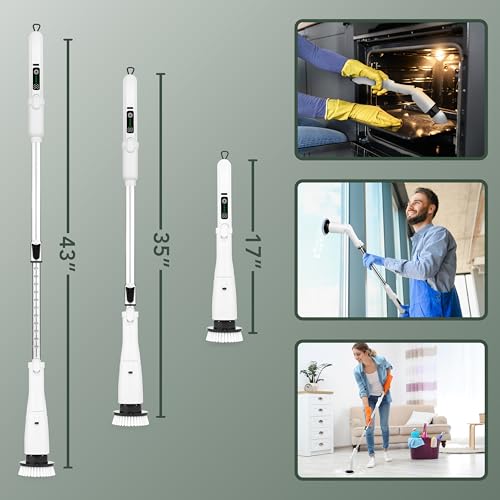 Electric Power Spin Scrubber - Cordless Cleaning Brush with 7 Replaceable Brush Heads - 3 Speed with Flashlight - Adjustable and Extendable for Cleaning Tile Grout Bathtub Window Kitchen Floor