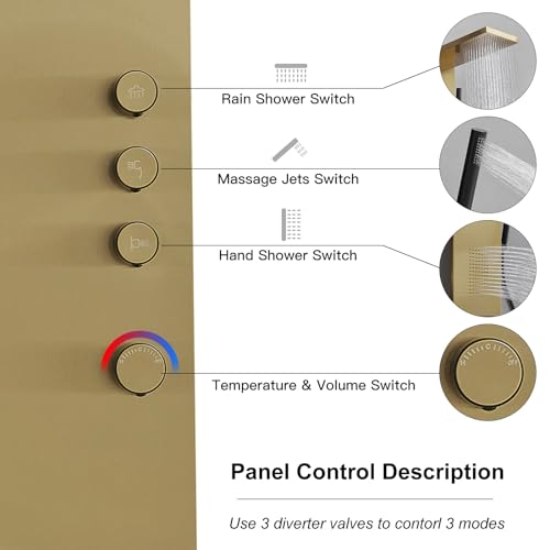 Brushed Gold Shower Panel Tower System Bathroom Wall Mount | Rain Shower Head with Body Jet Massage and Rainfall Hand Shower,High Pressure Large Area,Flexible Shower Hose,Stainless Steel - color: Brushed Gold, style: Shower Panel-Standard