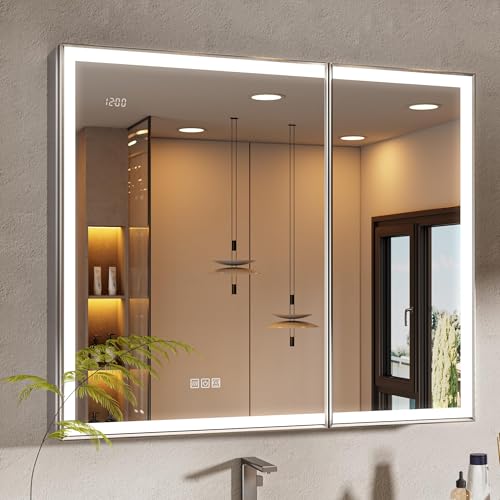 36x30 Lights Medicine Mirror Cabinet, Beveled Brushed Nickel Frame | Lighted Aluminum Bathroom Cabinet, Surface or Recessed Mount, Dimmable 3 Color Temp, Defog, Outlet, Clock, Sensor Inner Light - size: 36x30''