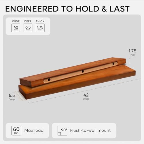 Oak Floating Shelves 42 inch Long, High End Solid Real Wood 42inch Floating Shelf for Wall Mounted, Honey Oak Wooden 42in Floating Shelves, Heavy Duty Bracket, 42 X 6.5 X 1.75 in, Set of 2 - color: Honey Oak - Warm Amber Tone, size: 42 inch