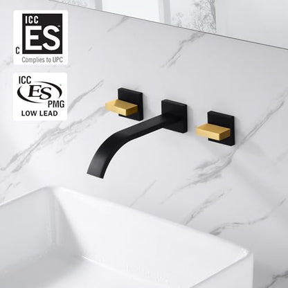 SUMERAIN Wall Mounted Faucet for Bathroom Sink Black and Gold Finish, Lavatory Basin Faucet with Two Handles and Rough in Valve - color: Black and Gold