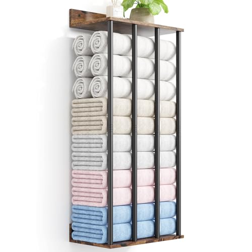 Wall Mounted 4-Bar Towel Rack with Wooden Shelf, Bathroom Storage Holder | Large Bathroom Towel Storage Rack for Rolled Towels, Farmhouse Metal Towel Organizer Shelf with Wooden Storage Shelf - color: Retro Brown, size: 4 Bar