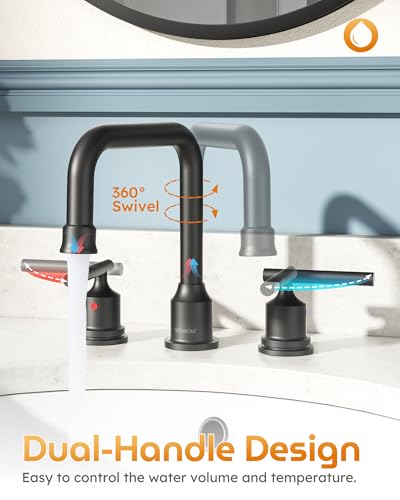 WOWOW Widespread Bathroom Faucet 3 Hole, Black Vanity Sink Faucets 2 Handle | 3 Pieces Faucet for Bathroom Sink with Swivel Spout, Lavatory Tap with Pop Up Drain and cUPC Supply Line - color: Black, style: Standard - 8 Inch