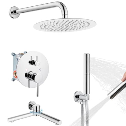 Airuida 3-Function Shower System with Tub Spout – Round Rainfall Shower Faucet Combo,Handheld Spray with 2 Functions,Includes Rough-In Valve with 360° Rotating Drain,10 Inch Shower Head,Chrome Polish - color: Chrome Polish, size: 10 Inch