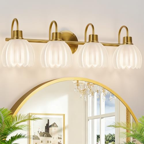 4-Light Bathroom Light Fixtures, 27" Brushed Gold Vanity Lights for Bathroom with Ribbed Frosted Clear Tulip Glass Shade, Vintage Bathroom Vanity Lighting Fixtures Over Mirror for Living Room Hallway - color: Brushed Gold - Tulip Frosted Clear, size: 4-li
