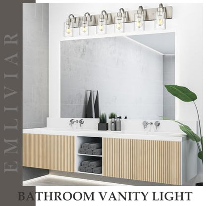 Emliviar Large Bathroom Wall Light, 6-Light Industrial Bathroom Lighting Fixtures Over Mirror, Brushed Nickel Finish with Clear Glass, YCE237B-6W BN - color: Brushed Nickel - Clear Glass, size: 6-Light