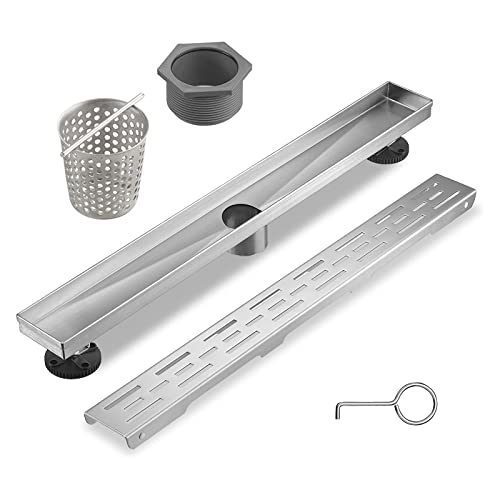 Sharp-tec Linear Shower Drain, 24 inch Shower Drain with Removable Pattern Cover, Brushed Nickel 304 Stainless Steel Rectangle Floor Drain, Adjustable Feet and Hair Strainer Included (Model 101) - color: Brushed Nickel, size: 24 inch