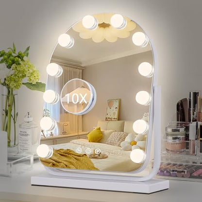 Makeup Mirror with Lights-3 Modes,Smart Touch Control,Detachable 10X Magnification,15.7"×11.8" Hollywood Vanity,360° Rotation （White） - size: 15.7"L x 11.8"W