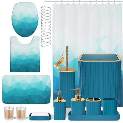 XLHOMO Bathroom Accessory Set - 26PC Bathroom Shower Curtain and Rug Set, Bathroom Accessories Set, Teal Bathroom Set with Trash Can, Toilet Brush, Qtip Holder & Soap Dispenser - style: Teal