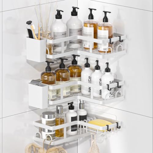 3 Pack Corner Shower Shelves, Rustproof Shower Organizer Caddy | No Drilling Shower Organizer Corner Exclusively for 90 Degree Right-Angle Walls with Hooks and Toothpaste Holder, White - color: White