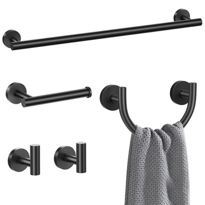 Matte Black Towel Bar Set, 5-Piece Bathroom Hardware Set with Smiley Face Towel Rings, Stainless Steel Wall-Mounted Towel Rack Set 23.6 Inch - color: Black