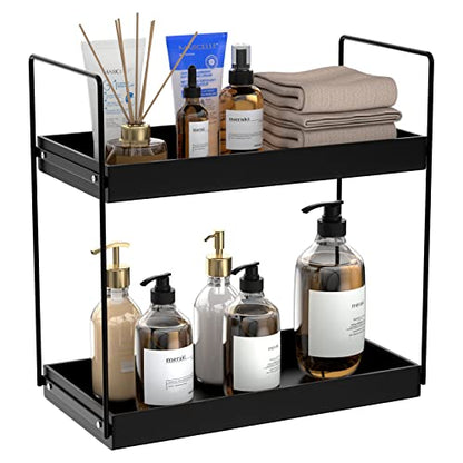 NPPLUS Bathroom Countertop Organizer, 2 Tier Metal Vanity Counter Skincare Shelf, Matte Black, 13.6"L x 6.9"W x 13.8"H | Metal Vanity Counter Skincare Shelf, Under Sink Standing Rack, Home Storage Holder For Lotion Makeup Cosmetics Perfume Spice - color: