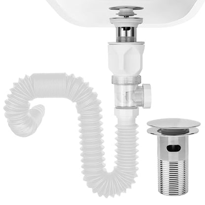 Bathroom White Sink Drain Kit, with Flexible Expandable P-Trap Sink Drain Pipe, Fits 1-1/4",1-1/2" and 2'' Drain Hole, Built-in Anti-Clogging Stopper, Anti-Odor With Overflow - color: White With Overflow, style: 1 Pack