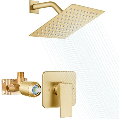 Heyalan 8-Inch Square Rain Shower Faucet Set with Valve, Brushed Gold | SUS304 stainless steel shower head, male NPT 1/2-inch valve, single-handle control, adjustable angle, 1.8 GPM - color: Gold