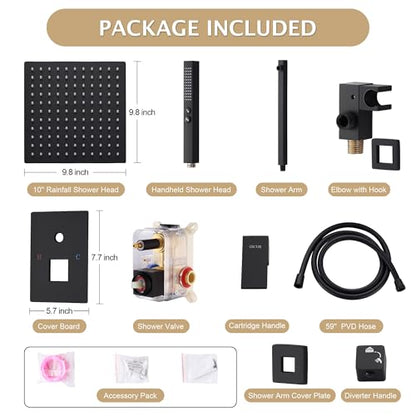 Rain Shower System, 10''Square Rain Head,2-Spray Handheld,Matte Black | 2 Spray Functions,Anti-Tangle Explosion-proof PVD Hose,Balance Temp Valve,Rust-proof & Scratch-resistant - color: Matte Black, size: 10 Inch