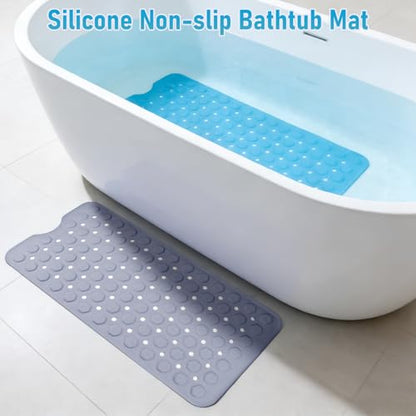 Silicone Anti Slip Bathtub Mat Bath Shower Non-Slip 35x16 for Standard Tub Kids for Elderly Safety Large Thick with Sensory Acupressure Textured Strong Suction Cups & Drain Holes Easy Clean & Dry - color: Blue