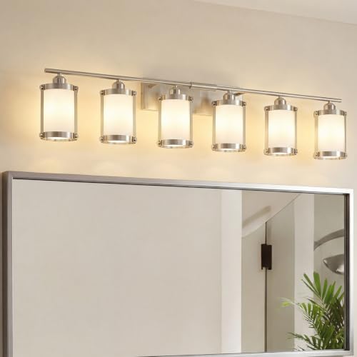 6-Light Brushed Nickel Bathroom Light Fixtures Over Mirror with Frosted Milk Glass and Metal Cage Shade, 42" UL-Listed Modern Farmhouse Wall Sconce for Bath, Hardwire E26, OS-3014BNW-6W - color: Nickel + Milk Glass, size: 6-Light, 42" L